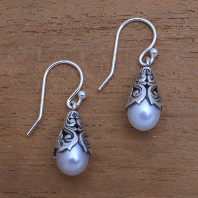 Cultured pearl dangle earrings, 'Little Trumpets in White' - White Cultured Pearl Dangle Earrings from Bali