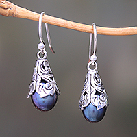 Cultured pearl dangle earrings, 'Little Trumpets in Peacock' - Peacock Cultured Pearl Dangle Earrings from Bali