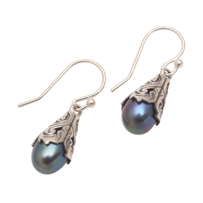 Cultured pearl dangle earrings, 'Little Trumpets in Peacock' - Peacock Cultured Pearl Dangle Earrings from Bali