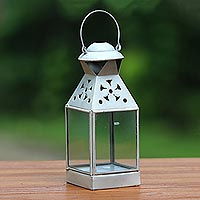 Brass lantern, 'Java Glow' - Handcrafted Brass Lantern in White from Java