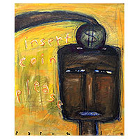 'Insert Coin, Please' - Signed Whimsical Expressionist Painting from Bali