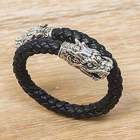 Men's sterling silver and braided leather wrap bracelet, 'Dragon Pattern' - Men's Sterling Silver and Leather Dragon Bracelet