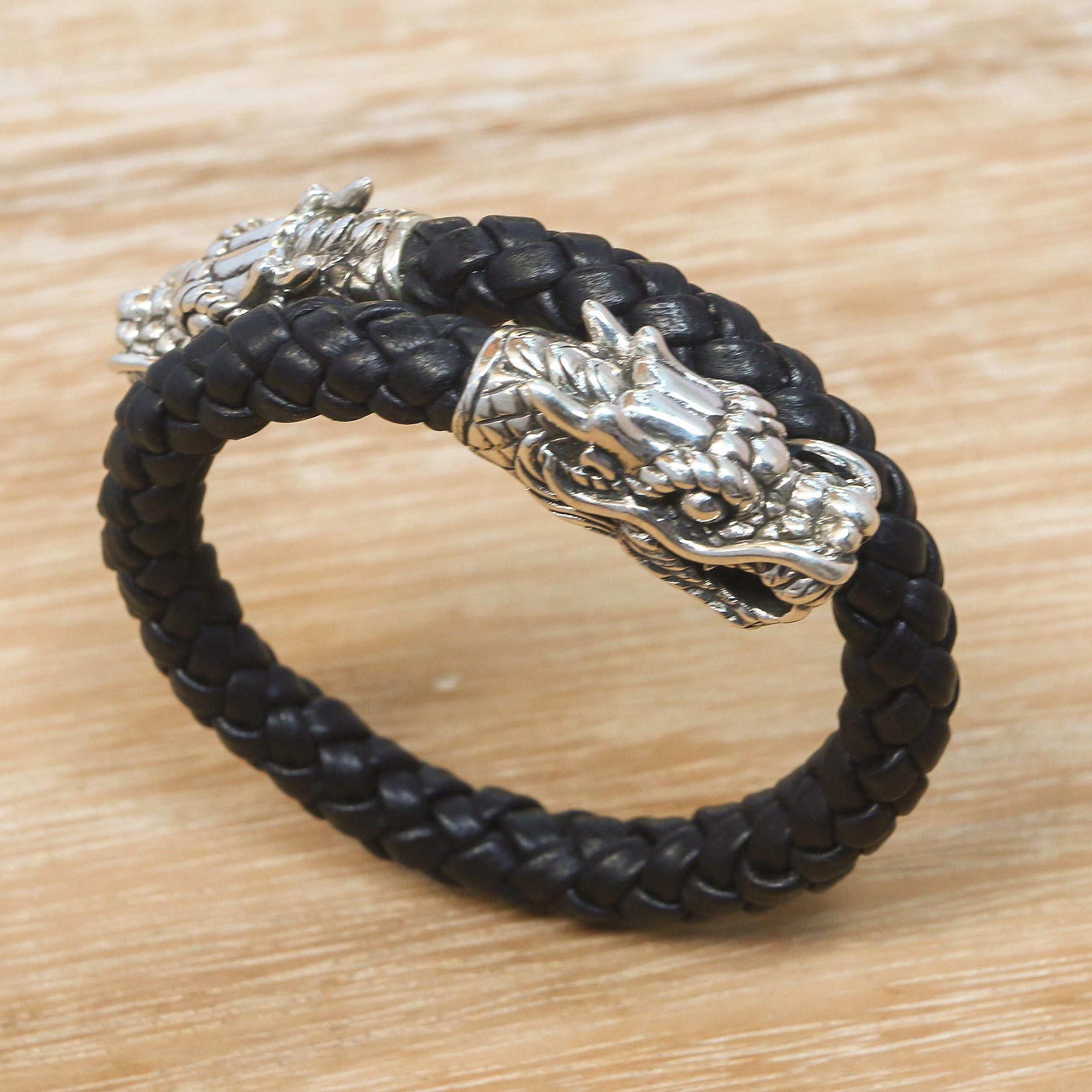Men's Sterling Silver and Leather Dragon Bracelet - Dragon Pattern | NOVICA