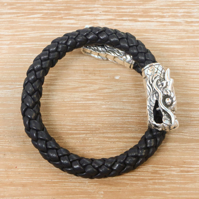 Men's sterling silver and braided leather wrap bracelet, 'Dragon Pattern' - Men's Sterling Silver and Leather Dragon Bracelet