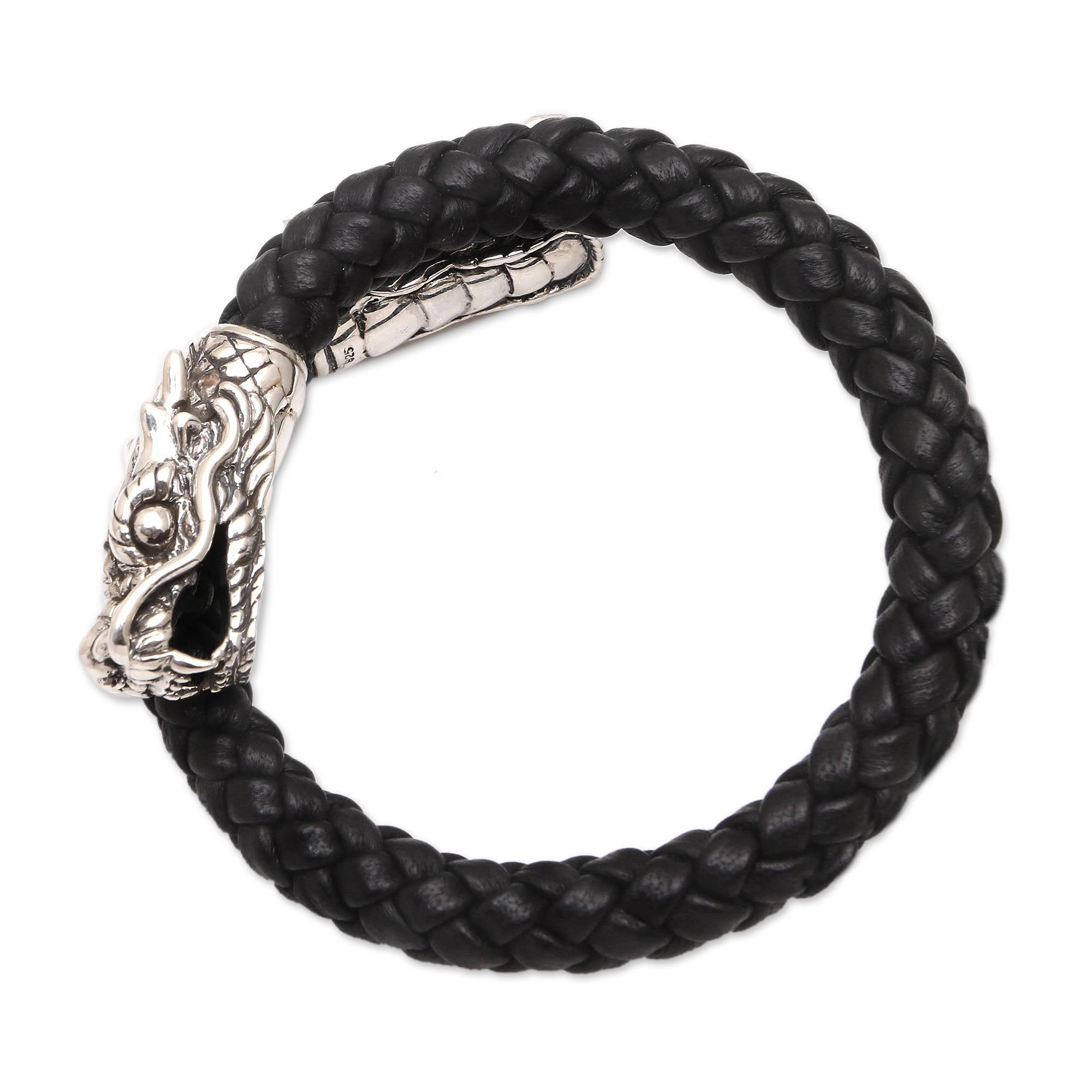 Men's Sterling Silver and Leather Dragon Bracelet - Dragon Pattern | NOVICA