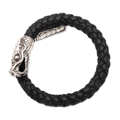Men's sterling silver and braided leather wrap bracelet, 'Dragon Pattern' - Men's Sterling Silver and Leather Dragon Bracelet