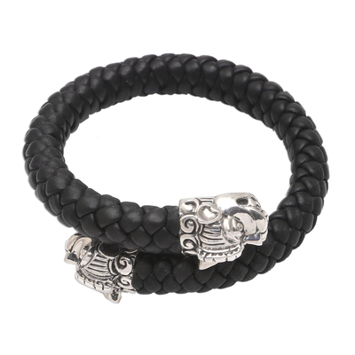 Men's sterling silver and braided leather cuff bracelet, 'Twin Samsi' - Cultural Men's Sterling Silver and Leather Bracelet