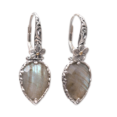 Floral Gold Accented Labradorite Dangle Earrings from Bali