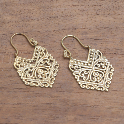 Gold plated drop earrings, 'Pura Majesty' - Angular Gold Plated Brass Drop Earrings from Bali