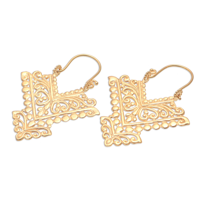 Gold plated drop earrings, 'Glamorous Pura' - Pointed 18k Gold Plated Brass Drop Earrings from Bali