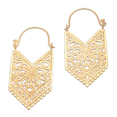 Gold plated drop earrings, 'Luxurious Pura' - 18k Gold Plated Brass Arrow Drop Earrings from Bali