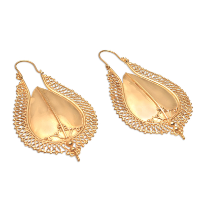 Gold plated drop earrings, 'Suku Shield' - Gleaming 18k Gold Plated Brass Drop Earrings from Bali