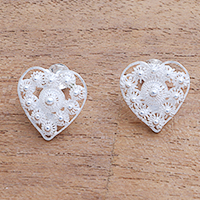 Sterling silver button earrings, 'Stars in the Heart' - Star Pattern Sterling Silver Heart Earrings from Java