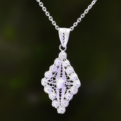 Sterling silver filigree pendant necklace, 'Starry Rhombus' - Sterling Silver Filigree Rhombus Necklace from Java