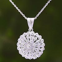 Circular Sterling Silver Filigree Pendant Necklace from Java,'Dainty Stars'
