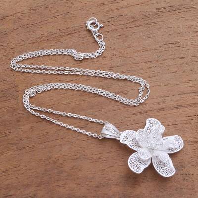 Sterling silver filigree pendant necklace, 'Stargazer Lily' - Sterling Silver Filigree Stargazer Pendant Necklace