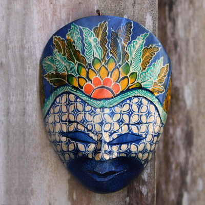 Batik wood mask, 'The Blue Prince' - Floral Batik Wood Mask from Java