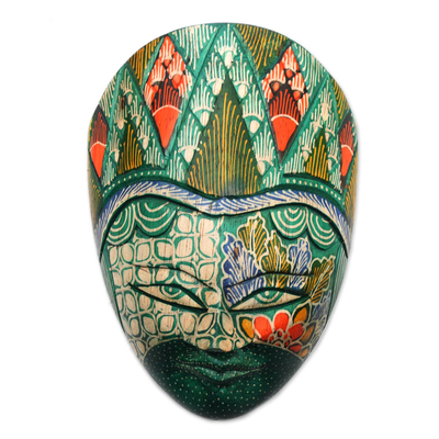 Batik wood mask, 'Cheery Princess' - Batik Wood Mask in Green and Multicolor from Java