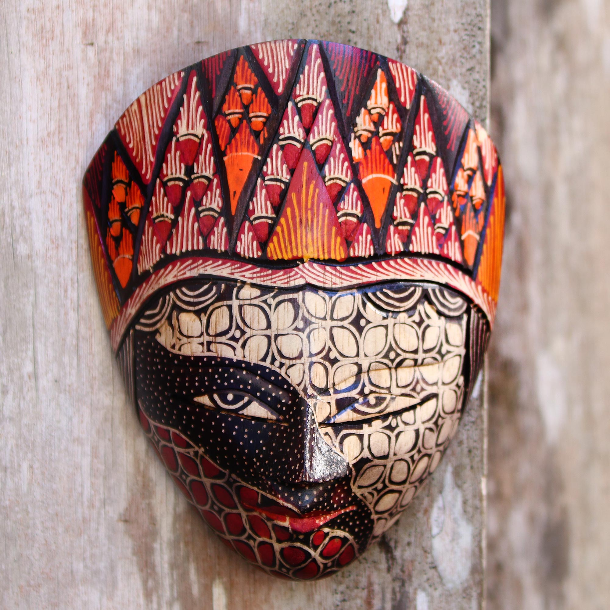 Batik Wood Mask in Red and Orange from Java - Wise Princess | NOVICA