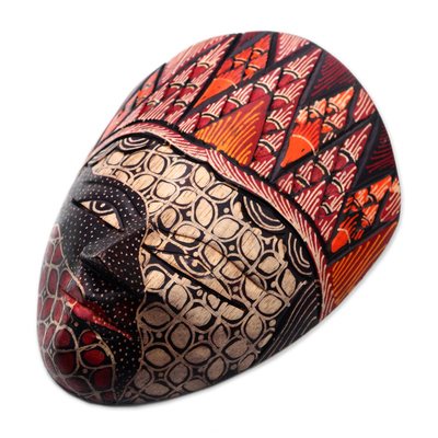 Batik wood mask, 'Wise Princess' - Batik Wood Mask in Red and Orange from Java