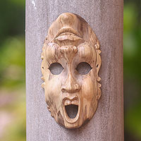 Wood mask, 'Two Faces' - Whimsical Hibiscus Wood Wall Mask Crafted in Indonesia