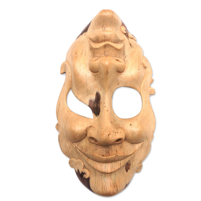 Wood mask, 'Happy and Sad' - Artisan Crafted Hibiscus Wood Wall Mask from Indonesia