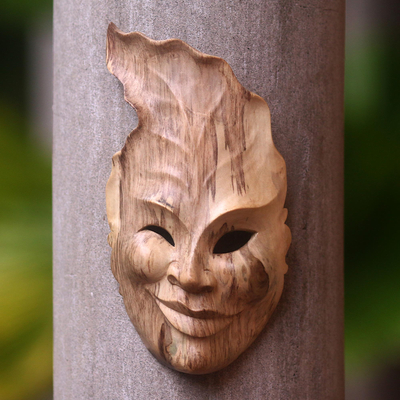 Wood mask, 'Leaf Head' - Hand-Carved Hibiscus Wood Wall Mask from Indonesia