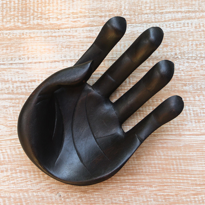 Wood sculpture, 'Black Palm' - Hand-Carved Wood Sculpture of a Hand in Black from Indonesia