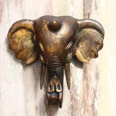 Wandskulptur aus Holz - Antikgoldfarbene Elefanten-Wandskulptur aus Holz aus Bali