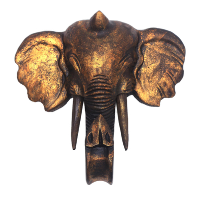 Antiqued Gold-Tone Wood Elephant Wall Sculpture from Bali