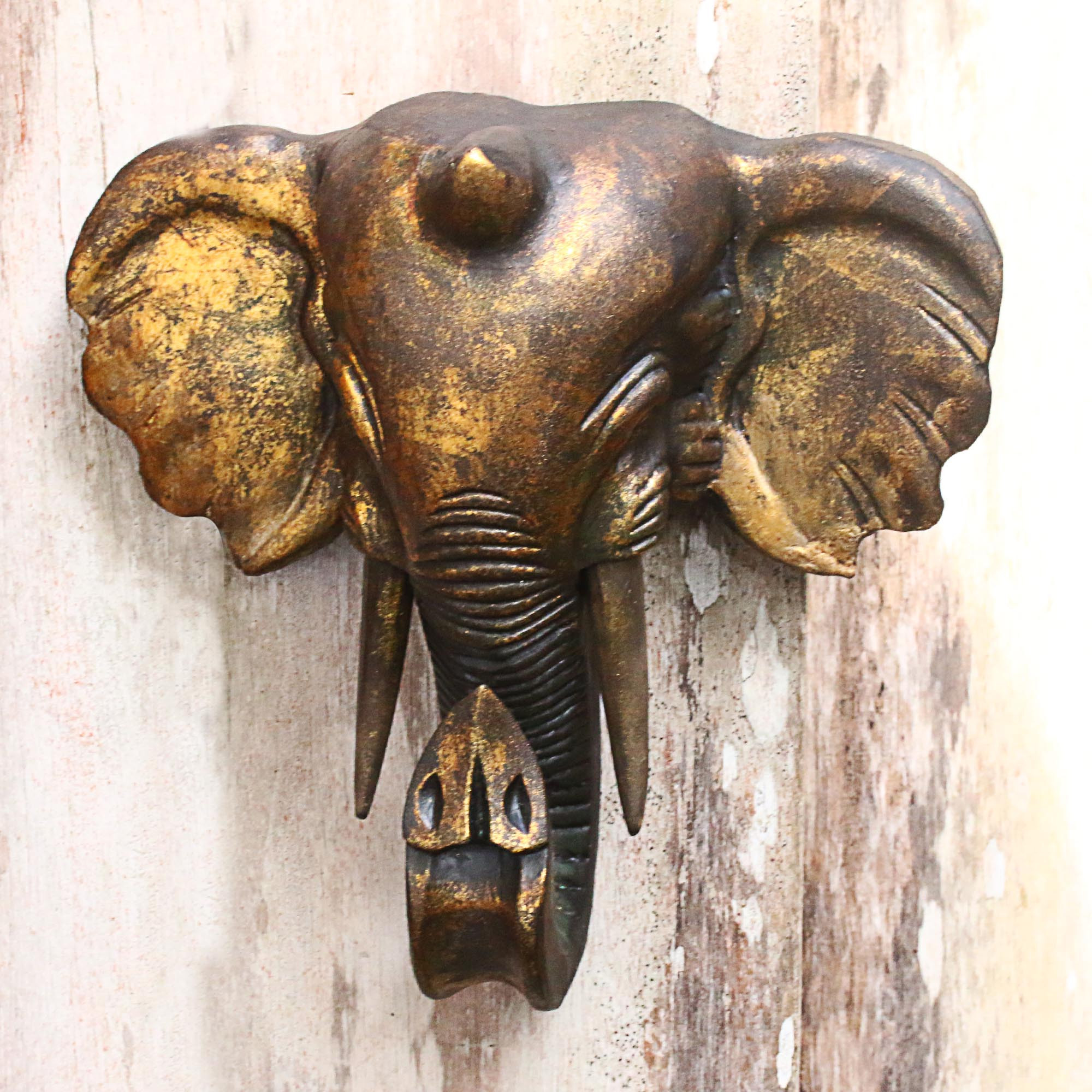 Antiqued GoldTone Wood Elephant Wall Sculpture from Bali Glorious