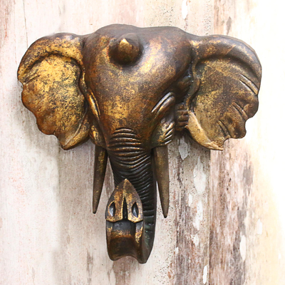Wandskulptur aus Holz - Antikgoldfarbene Elefanten-Wandskulptur aus Holz aus Bali