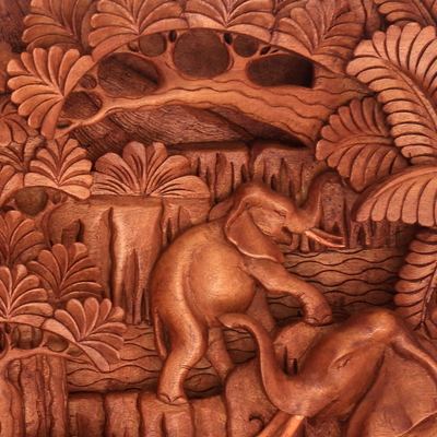 Wood relief panel, 'Elephant Life' - Elephant-Themed Cempaka Wood Relief Panel from Bali