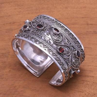 Garnet cuff bracelet, 'Elegant Sister' - Handcrafted Garnet Cuff Bracelet from Bali
