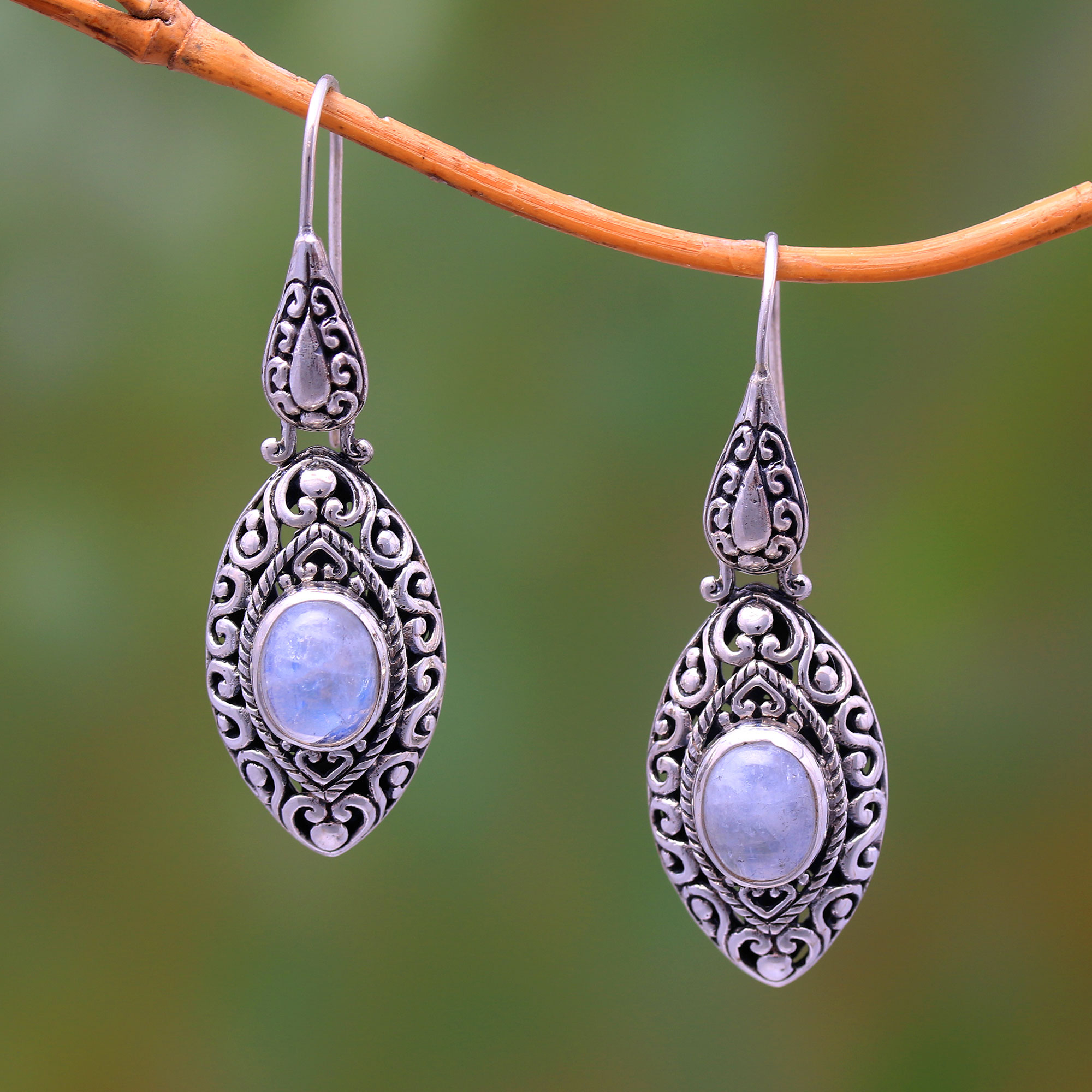Blue Moonstone Intricately Accented 925 Sterling Silver Dangle Earrings