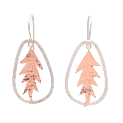 Rose gold accented sterling silver dangle earrings, 'Tegalalang Tree' - Modern Rose Gold Accented Sterling Silver Earrings from Bali