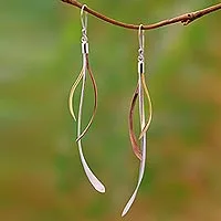 Gold and rose gold accented sterling silver dangle earrings, 'Jimbaran Tendrils'