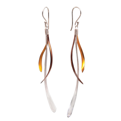 Gold and rose gold accented sterling silver dangle earrings, 'Jimbaran Tendrils' - Gold and Rose Gold Accent Sterling Silver Earrings from Bali