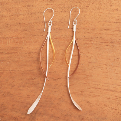 Gold and rose gold accented sterling silver dangle earrings, 'Jimbaran Tendrils' - Gold and Rose Gold Accent Sterling Silver Earrings from Bali