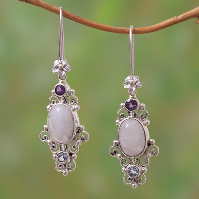 Multi-gemstone dangle earrings, 'Sukawati Floral' - Floral Multi-Gemstone Dangle Earrings from Bali