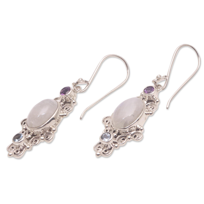 Multi-gemstone dangle earrings, 'Sukawati Floral' - Floral Multi-Gemstone Dangle Earrings from Bali