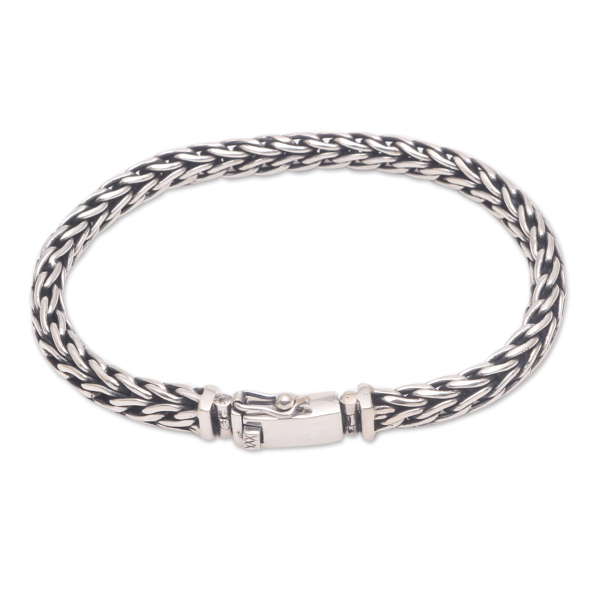 Sterling Silver Foxtail Chain Bracelet from Bali - Bold Kepang | NOVICA