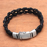 Leather braided wristband bracelet, 'Ubud Braid' - Leather Braided Wristband Bracelet in Black from Bali