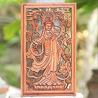 Wood relief panel, 'Goddess Kwan Im' - Hand Carved Goddess Kwan Im Wood Wall Relief Panel from Bali