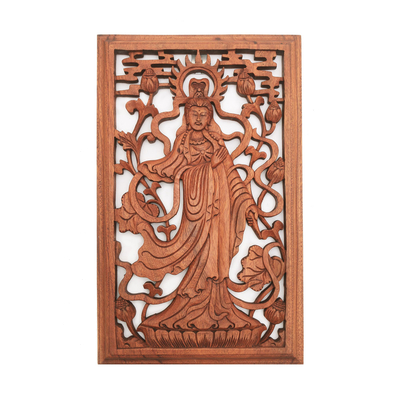 Reliefplatte aus Holz - Handgeschnitzte Göttin Kwan Im Holzwandrelief aus Bali