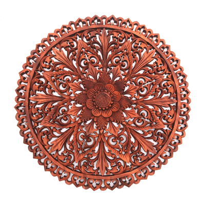 Wood relief panel, 'Gallant Flower' - Hand Carved Flower Motif Suar Wood Wall Relief Panel