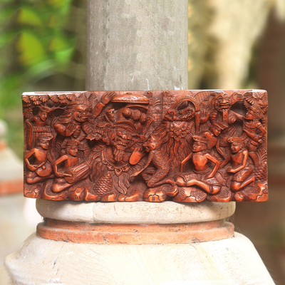 Wood relief panel, 'Musical Barong' - Handcarved Barong Dance Suar Wood Wall Panel from Bali