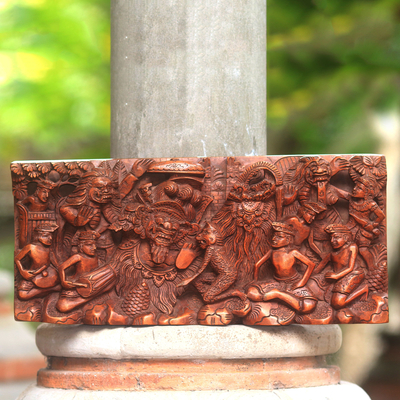 Wood relief panel, 'Musical Barong' - Handcarved Barong Dance Suar Wood Wall Panel from Bali