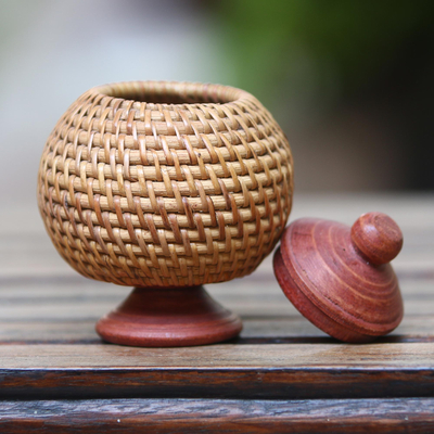 Wood and bamboo decorative jar, 'Lombok Spade' - Curvy Wood and Bamboo Decorative Jar from Bali