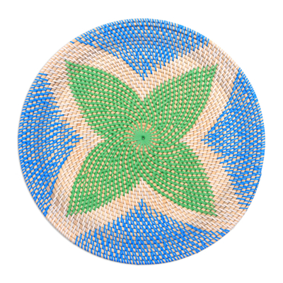 Woven bamboo round tray, 'Four Leaves' - Bamboo Tray in Green and Blue from Bali